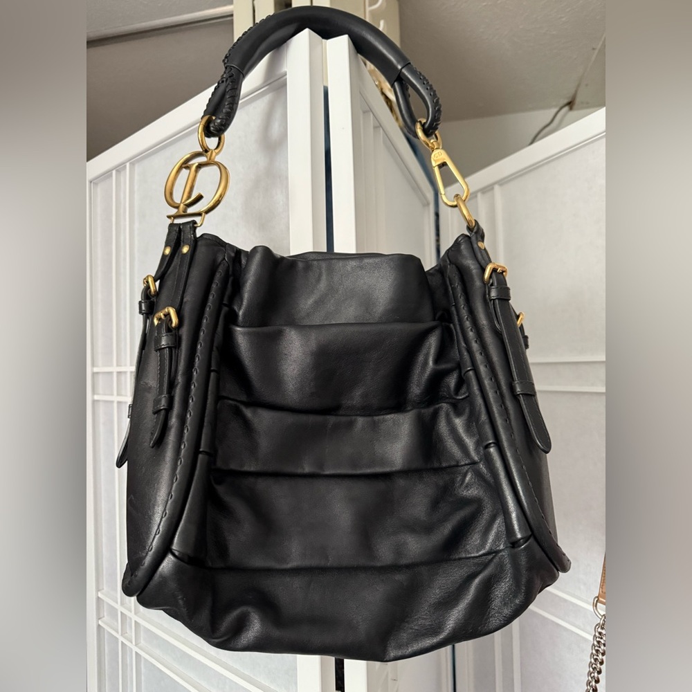 Dior Black and Gold Shoulder Bag with Pleated Design